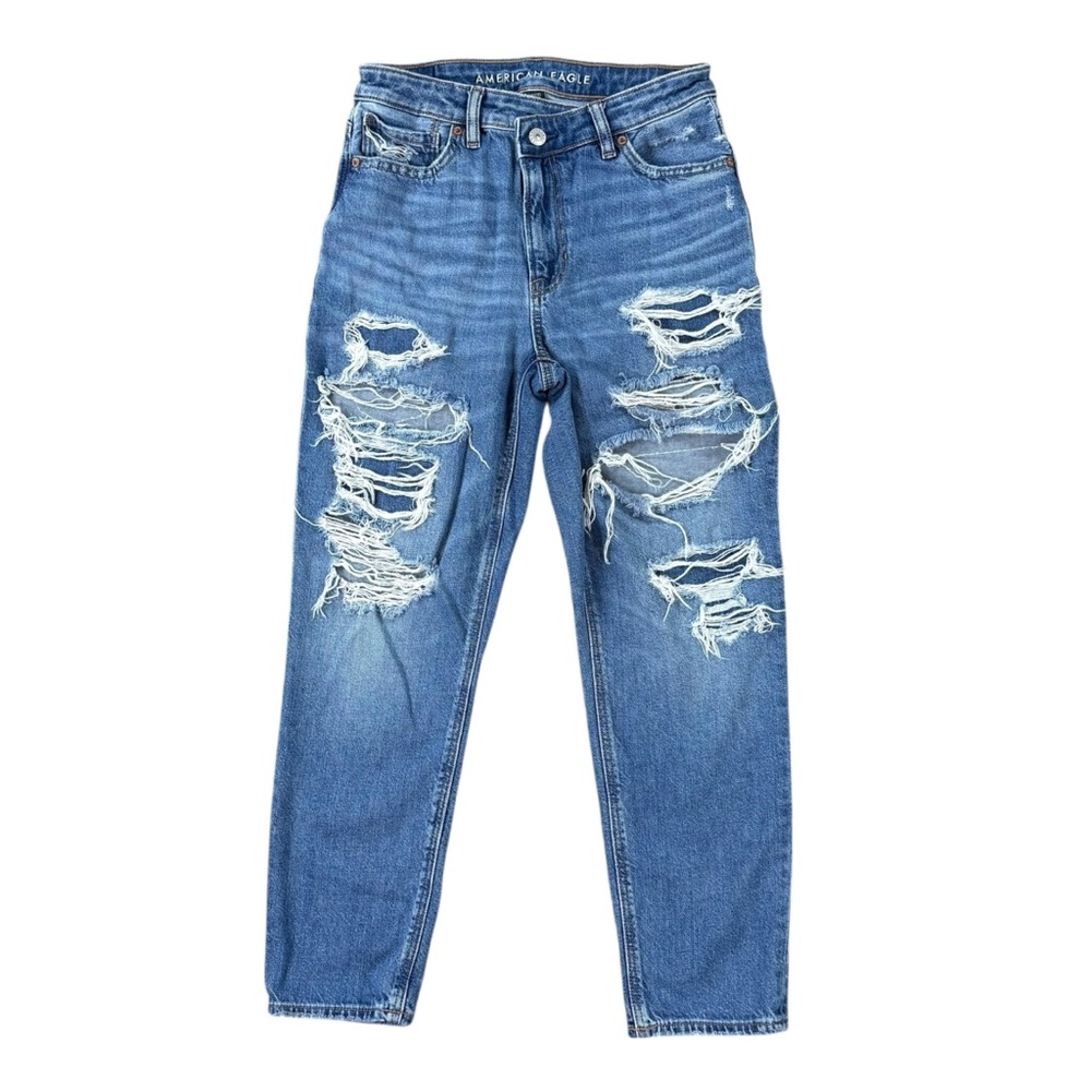 American Eagle “mom jean” crossover waist high rise distressed jeans size 2P